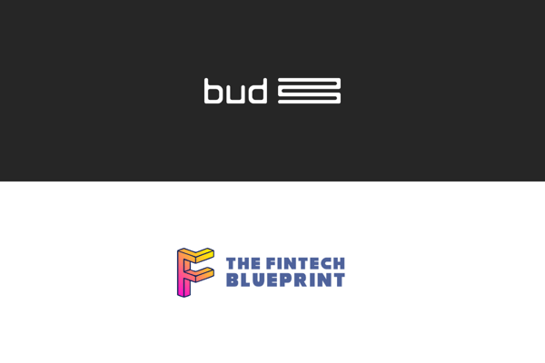 bud logo on black background and the fintech blueprint logo on white background